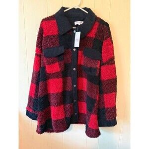 Pink Rose Women’s Buffalo Plaid Soft Sherpa Coat